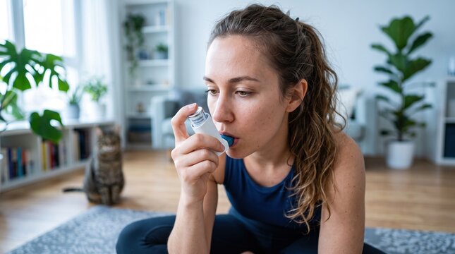Young woman using an asthma inhaler at home with a cat in the background