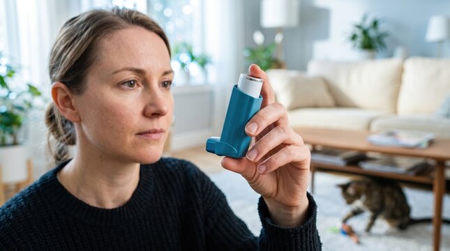 Woman holding an asthma inhaler at home with a cat in the background
