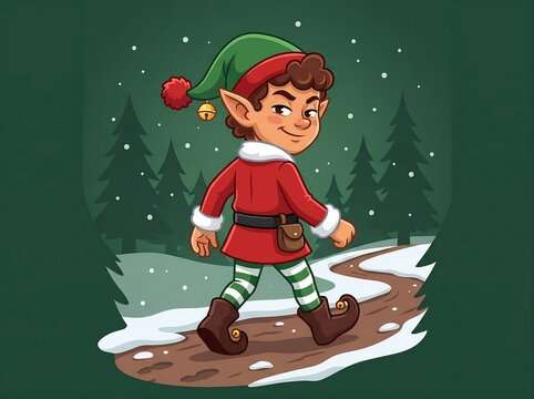 Elf Walking Away on Snowy Path Winter Forest Illustration
