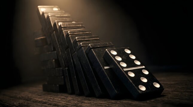 Dramatic falling dominoes in dark lighting, black domino tiles collapsing in chain reaction, concept of cause and effect