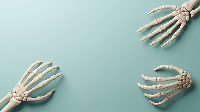 Skeleton hands reaching upward in green space