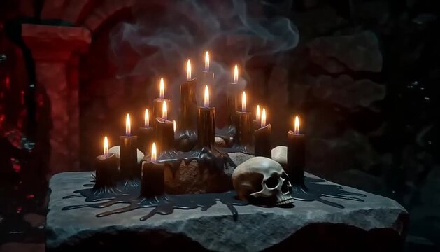 Mystical Altar with Human Skulls and Burning Black Candles
