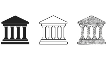 Naklejka premium Three variations of a bank building featuring a solid black silhouette, a simple thin outline, and a hand-drawn style on white background