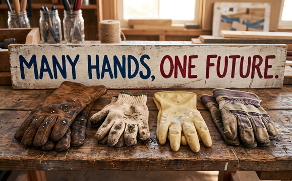 Many hands one future rustic sign with diverse worn work gloves representing different labor professions