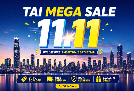 Colorful digital advertisement for a citywide mega sale event with skyline background and discounts
