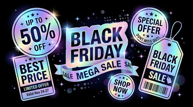 Black friday mega sale holographic sticker set