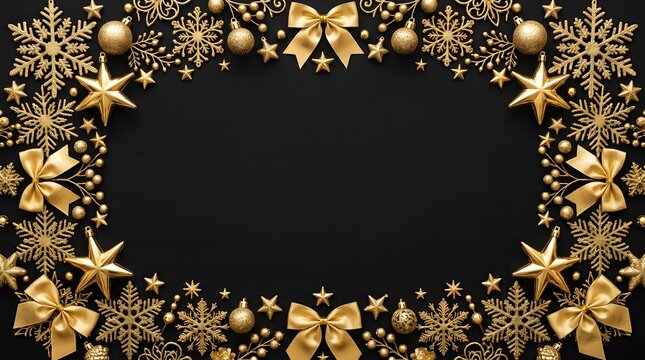 Golden christmas decorations frame on black background