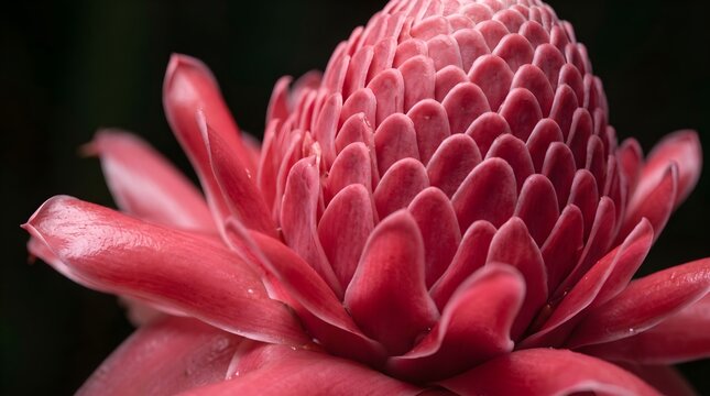 Vibrant pink torch ginger flower, exotic Etlingera elatior bloom close up, tropical botanical floral background for spa and wellness