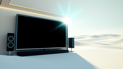 Fototapeta premium Modern home theater setup. Television, speakers, soundbar present. Bright light source creates dramatic effect. Minimalist design.