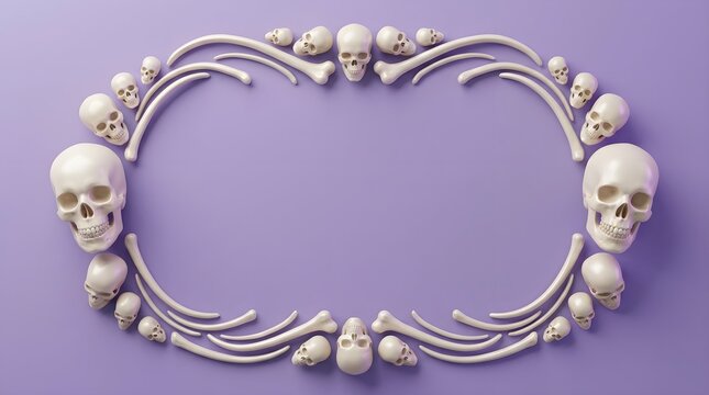 Decorative oval frame made of human skulls and bones arranged on a solid light purple background surface