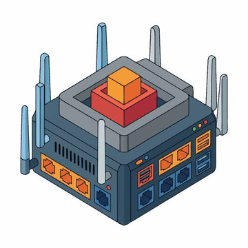 Isometric illustration of a modern wireless network router device.