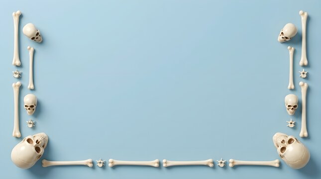A creative halloween border frame made of human skulls and bones arranged on a light blue background