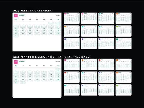 Minimalist 2027 and 2028 master calendar set, annual planner vector template, leap year 366 days schedule layout