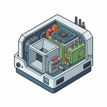 Isometric illustration of a futuristic server room with hardware components.