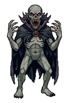 Retro pixel art illustration of a monstrous feral vampire creature standing full body in a menacing pose, isolated on white background
