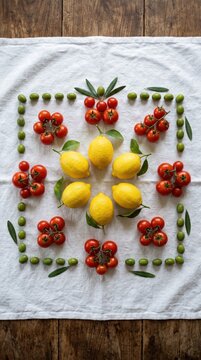 Fresh lemons, red tomatoes and green olives pattern arranged on white linen cloth over wooden table at Amalfi coast.