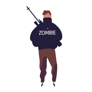 Man in Halloween hoodie with I Love Zombie print. Man character, horror survivor in casual street wear, Halloween costume, gun, rifle weapon. Flat vector illustration isolated on white background
