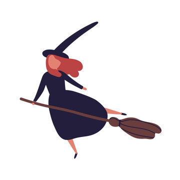 Halloween witch with broom. Halloween character in witch hat and black dress. Cute tiny girl character flying with magic broom, broomstick. Flat vector illustration isolated on white background
