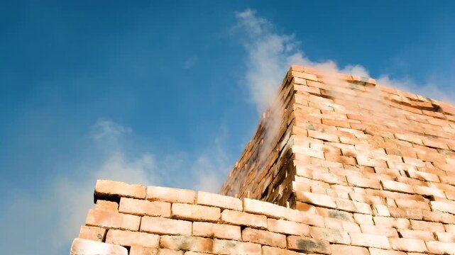 Smoke rising from traditional brick kiln chimney during production process under clear blue sky.