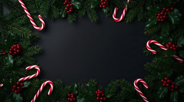 A festive christmas flat lay featuring candy canes and vibrant holly berries perfect for holiday greetings