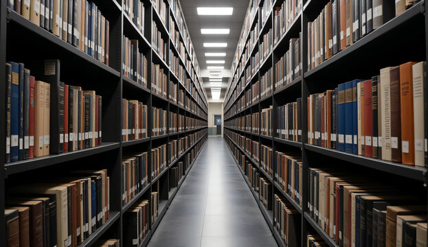 Endless rows of bookshelves in a large university library with textbooks and literature
