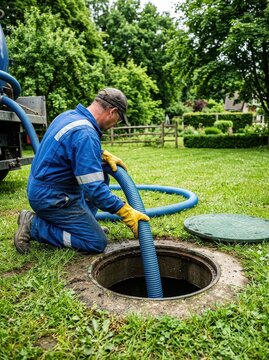 Professional Worker Pumping Out Septic Tank with Large Blue Hose in Residential Backyard Garden