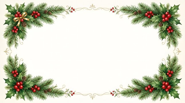 A festive christmas border with holly berries and evergreen branches for holiday greetings and decorations