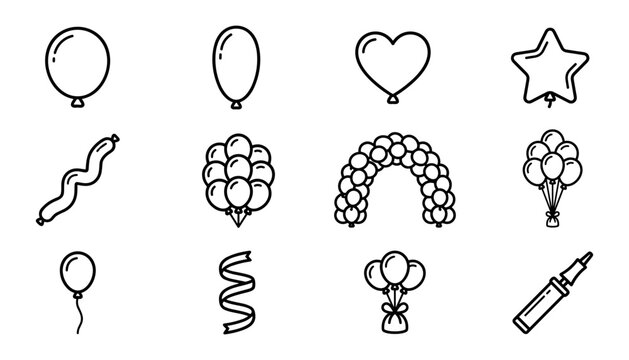 Balloon and party decoration outline icon collection with arches hearts and stars