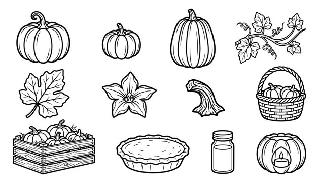 Autumn harvest outline icon collection with pumpkins leaves pie basket and seasonal food