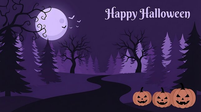 Happy halloween illustration with jack o lanterns and moonlit forest