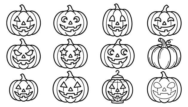 Halloween jack o lantern pumpkin outline icon collection with spooky faces