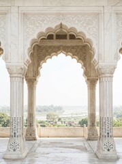 Fototapeta premium Intricate White Marble Arches and Pillars of Mughal Architecture Overlooking a Scenic River Landscape in India