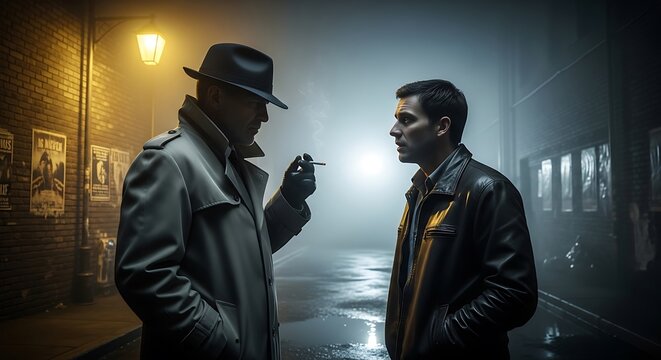 Two detectives in a foggy urban night meeting