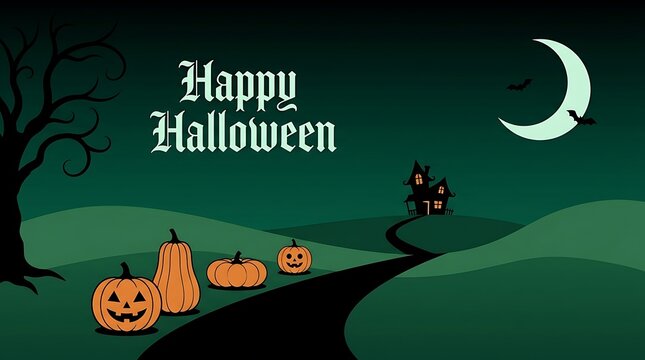 Happy halloween illustration with jack o lanterns and black cat