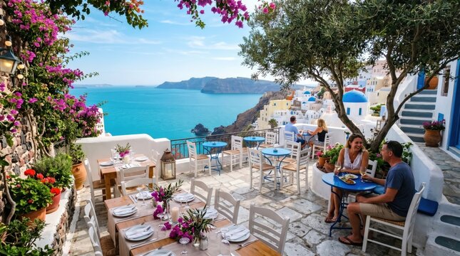 Outdoor restaurant terrace with blue tables and white chairs, pink bougainvillea flowers and olive tree, stone floor and arched doorway, overlooking sea and boats at Amalfi coast.