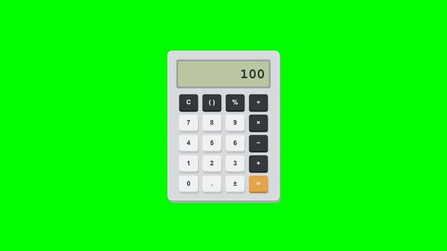 Electronic white calculator showing the number one hundred on screen isolated on a green background