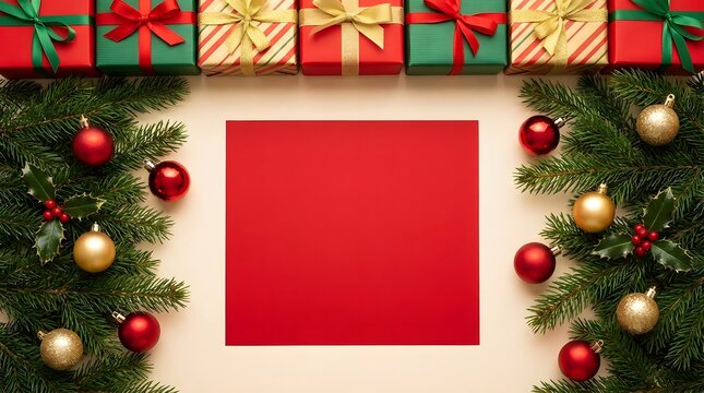 A festive christmas scene with gifts ornaments and evergreen boughs creates a joyful holiday atmosphere