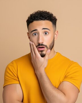 Young man looking surprised with a hand on his face
