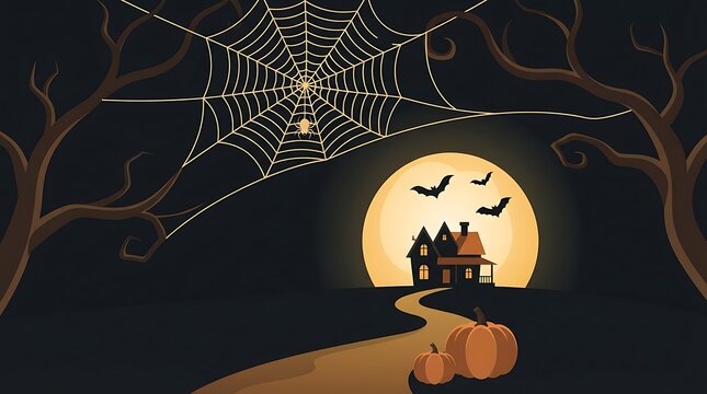 Halloween haunted house with full moon and flying bats