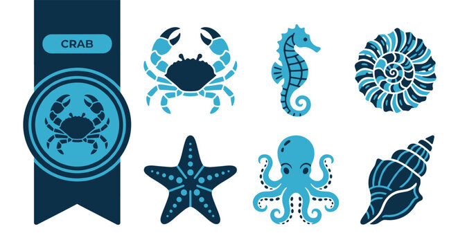 Premium crab icon set, six flat vector variations, navy blue ribbon badge design, isolated on white background, ideal for ocean, seafood and beach themes, icon set, icons, pack, vector