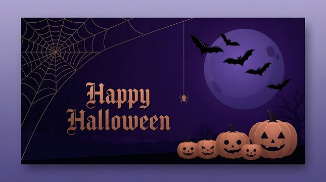 Happy halloween greeting with jack o lanterns and bats in spooky night sky