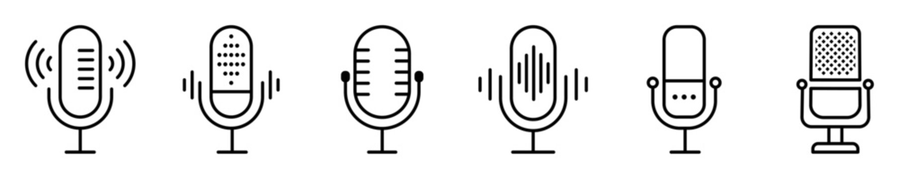 Microphone icon set featuring microphone, audio, recording, sound, and voice symbols. Suitable for podcasts, music, broadcasting, communication, media, and audio.
