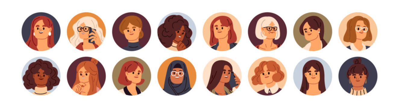 Woman characters, face avatars, icons. Female persons profiles, character icons set. Woman avatars, head portraits in circles. Diverse women faces, images. Flat cartoon vector illustrations