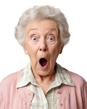 Elderly woman with shocked facial expression isolated on white
