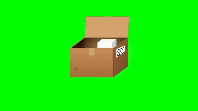 Open brown cardboard delivery box with white contents isolated on green screen background