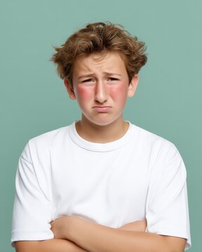 Teenage boy with flushed face feeling embarrassed and shy