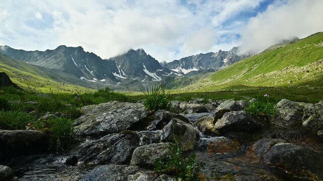 Rocky mountain stream flowing through a green alpine valley