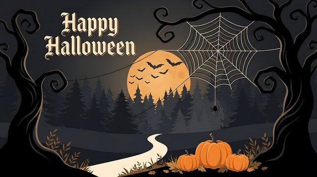 Happy halloween illustration with pumpkins, moon, and bats