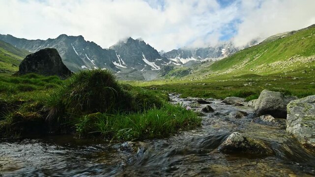 Mountain stream flowing through a grassy alpine valley
