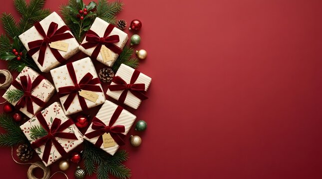 A festive christmas scene beautifully wrapped gifts and holiday decorations on a rich red background